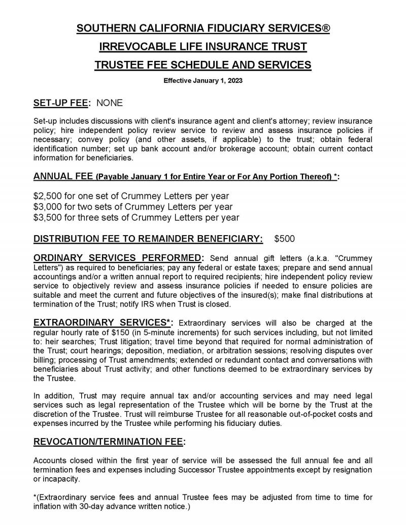 SCFS Fee Schedule and Services: Irrevocable Life Insurance Trust