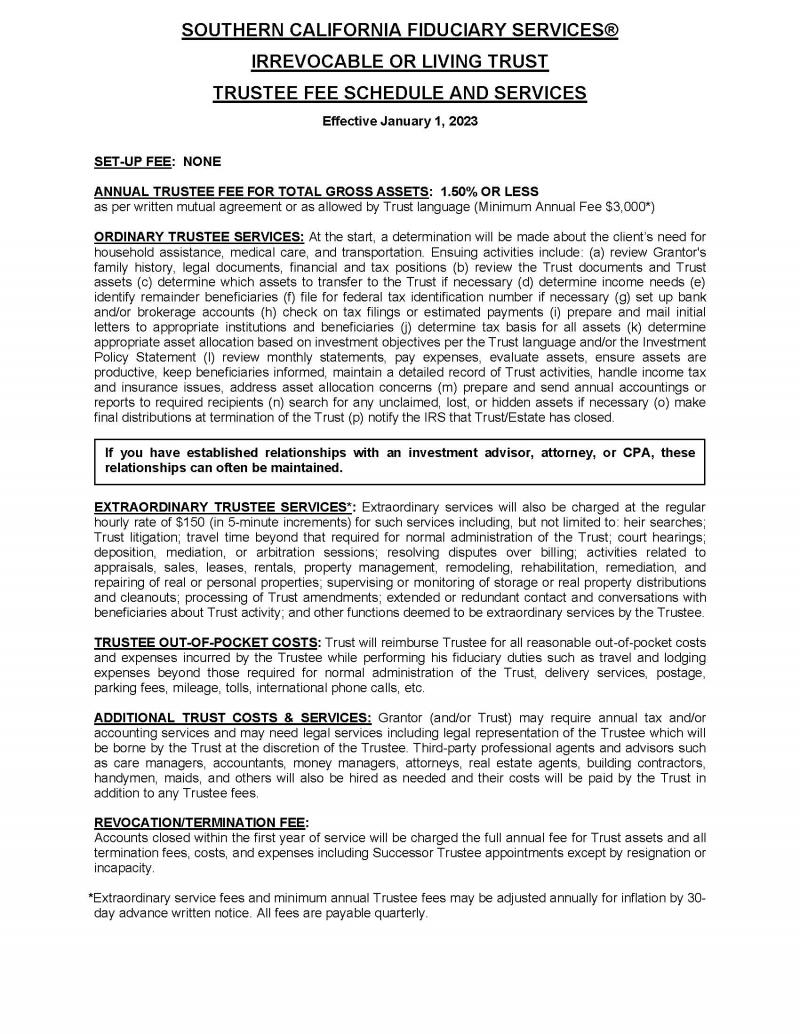 SCFS Fee Schedule and Services: Irrevocable or Living Trust