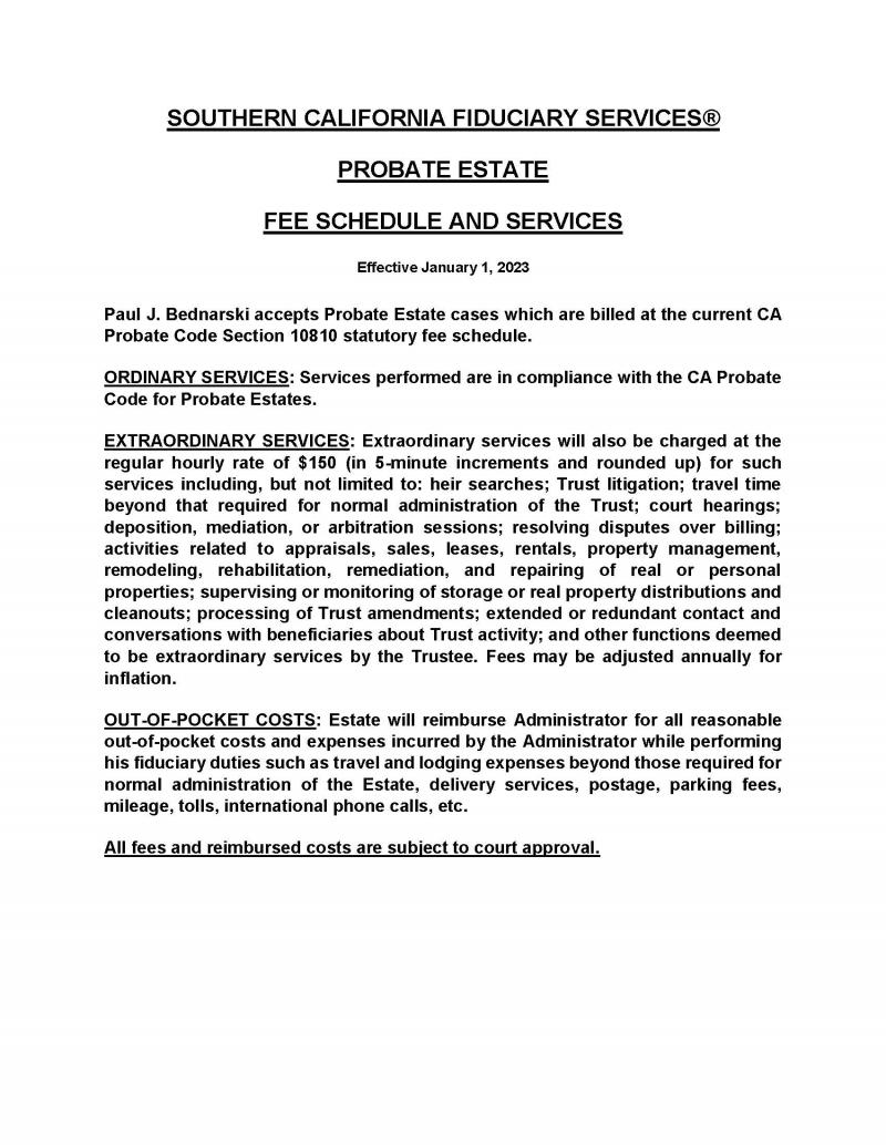 SCFS Fee Schedule and Services: Probate Estate